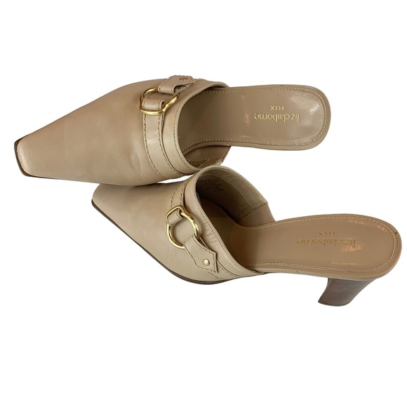 Liz Claiborne Flex Beige Leather Pointed Toe Buckle Block Heel Mules Womens 10M - Picture 6 of 8